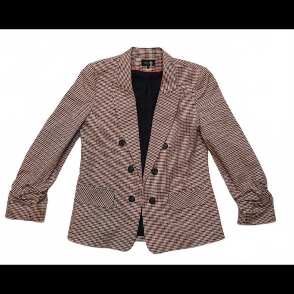 1.STATE Women's Plaid Blazer , Classic Camel, Rust, Navy Size Small